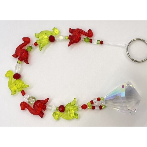 Beaded Dinosaur Christmas Suncatcher Red Green Clear Crystal Prism Hanging Decor - Picture 2 of 7